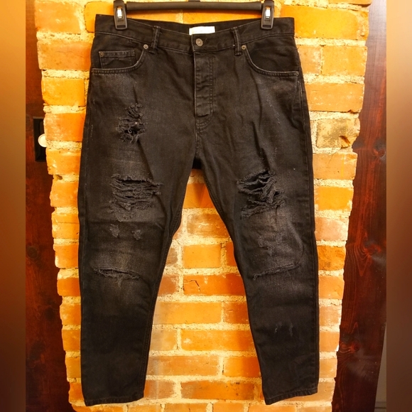 Zara Other - ZARA DISTRESSED JEANS BLACK RIPPED PUNK GOTH BIKER SIZE 34 SEXY CASUAL DATE NITE